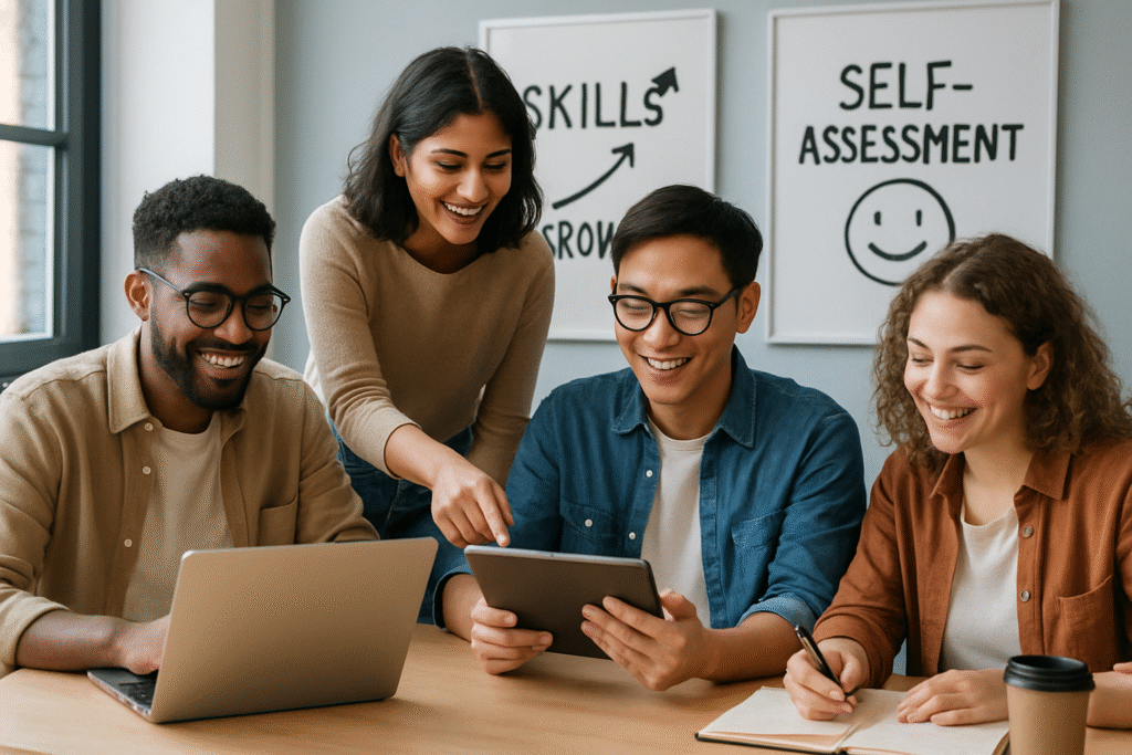 Diverse young professionals collaborating for skill growth in a modern office.