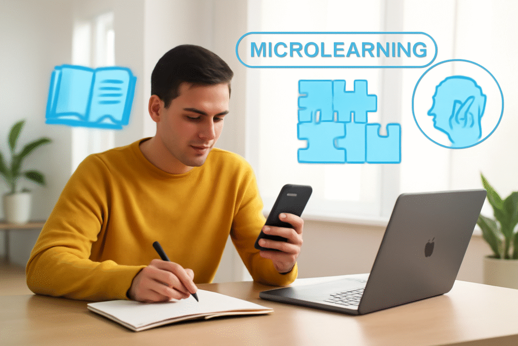 Young professional using a smartphone to study microlearning and modular skill development courses in 2025