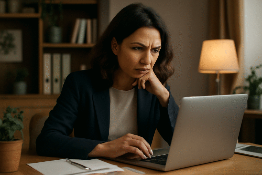 Young professional woman using analytical thinking and problem-solving skills on a laptop for career success in 2025