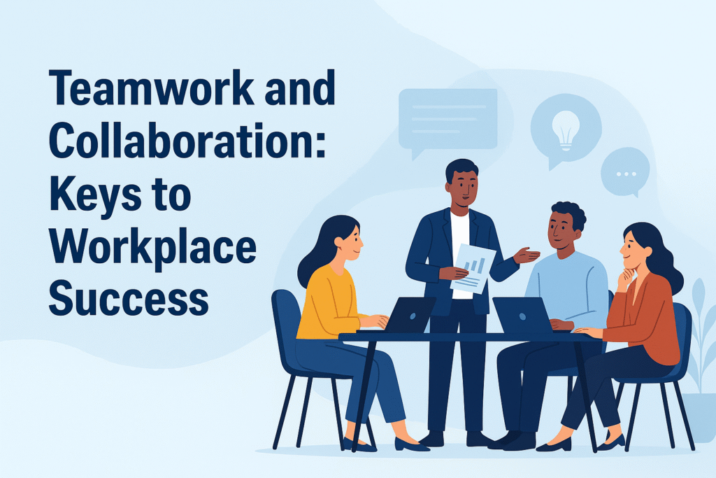 Diverse team collaborating in a modern workplace setting